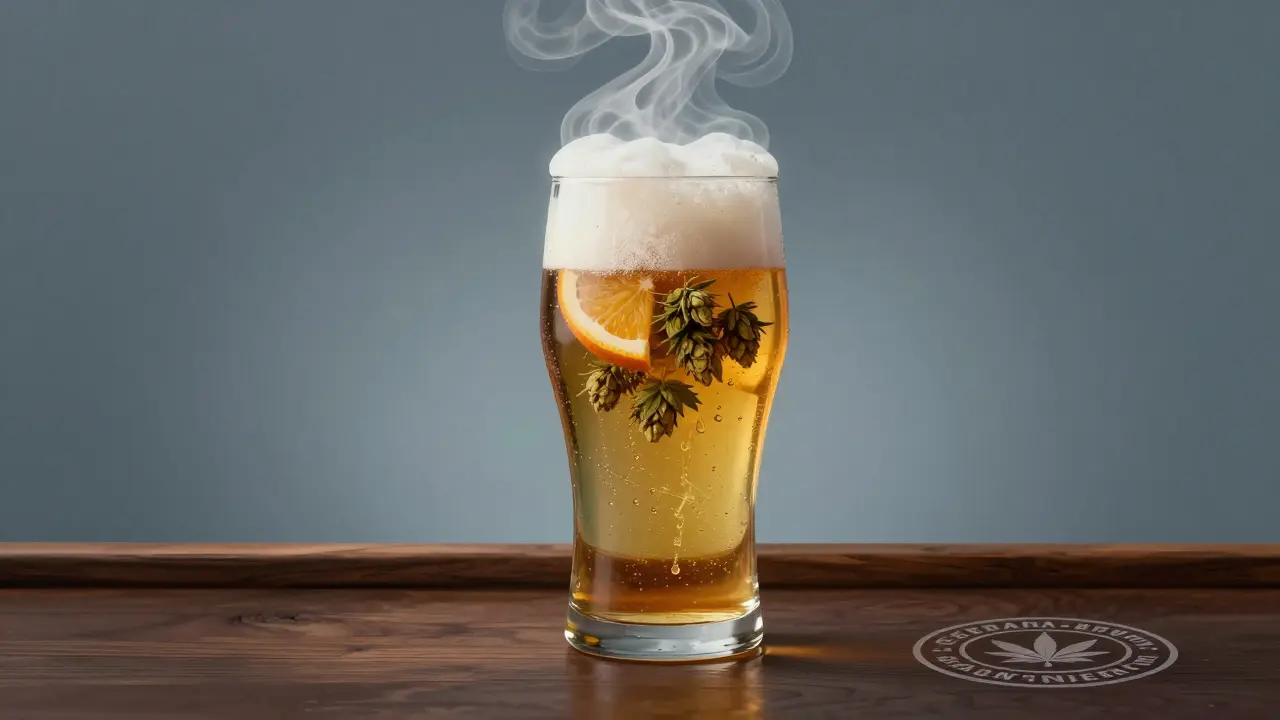 Ein Glas Cannabis-IPA mit zitrusartigen Hopfenaromen, die sich über dem Bier verweben, erdige Hanfnoten schweben leicht darin.