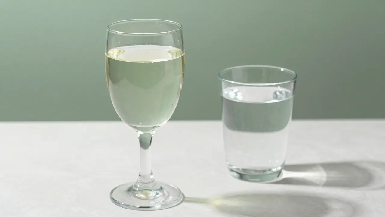 Ein Glas verdünnter Absinth neben einem Wasserglas bei sanftem Licht.
