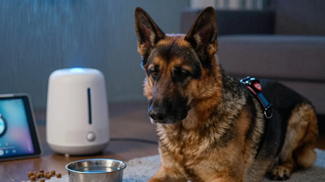 Ein Hund trägt eine Druckjacke und wirkt entspannt, während Regengeräusche im Hintergrund zu hören sind.