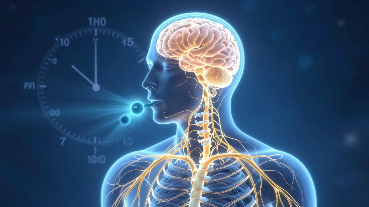 Ein menschliches Nervensystem leuchtet sanft, während ein CBD-Molekül durch die Zunge aufgenommen wird und beruhigende Energie ausstrahlt.