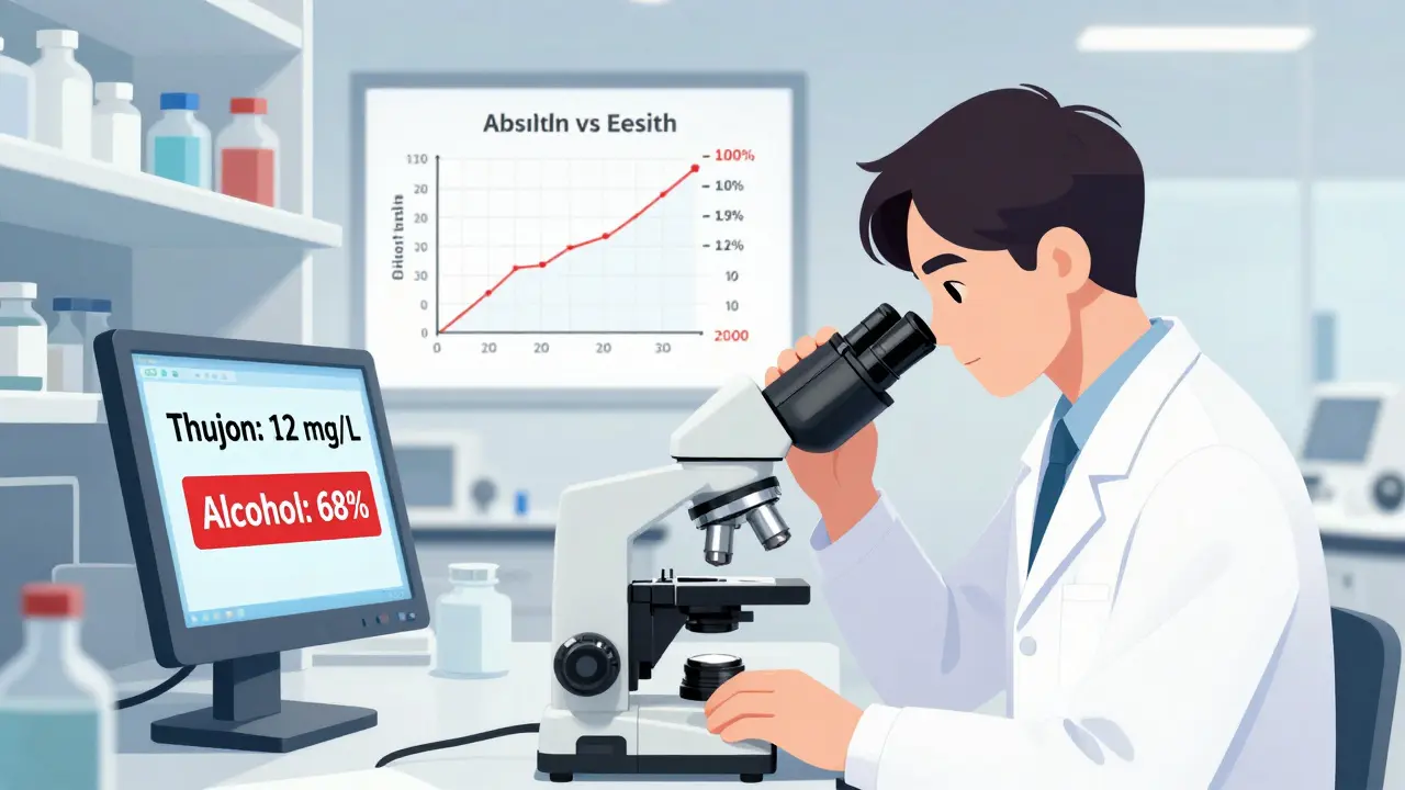 Ein Wissenschaftler analysiert in einem Labor den Thujongehalt eines Absinth-Fläschchens mit digitaler Messanzeige.