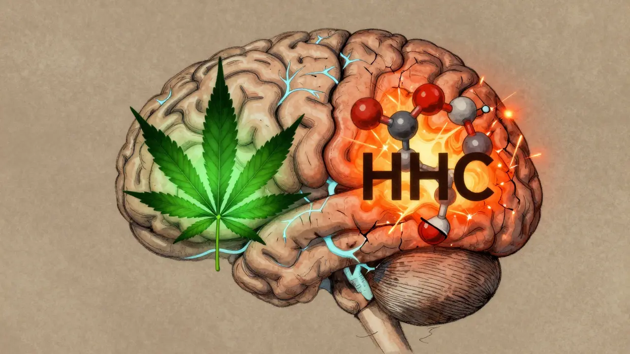 Eine menschliche Gehirnstruktur mit CBD- und HHC-Wellen in konkurrierenden Lichtfarben.