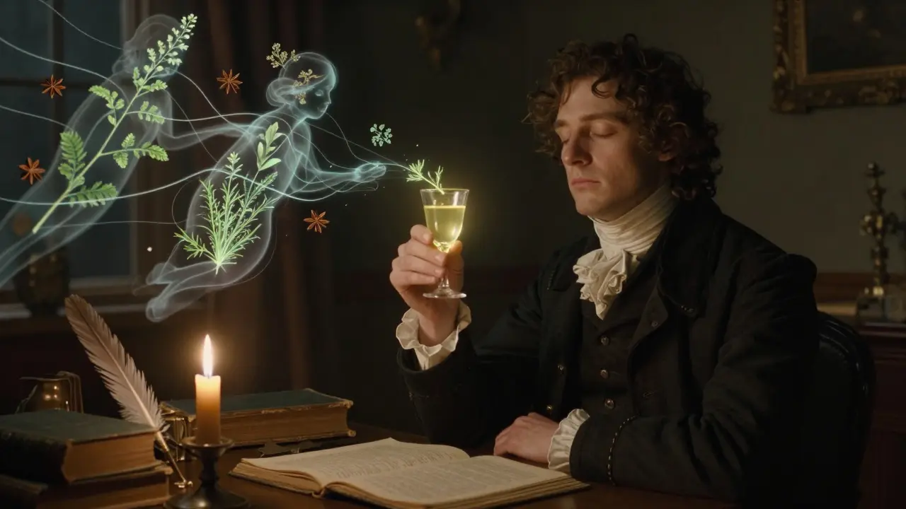 Eine Person mit geschlossenen Augen in einem alten Zimmer, umgeben von schwebenden Kräuterformen.