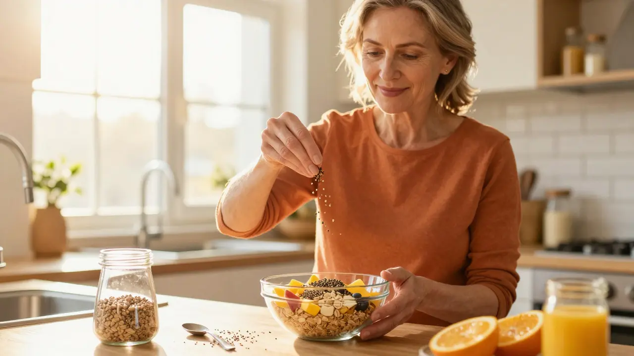 Frau bereitet gesundes Frühstück mit Hanfsamen im Morgenlicht.