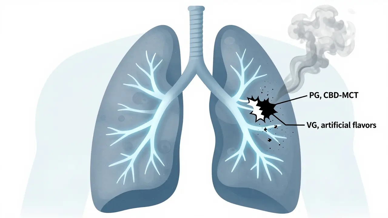 Gesunde Lunge mit reinem CBD-MCT-Dampf, während schädliche Chemikalien zerfallen, medizinische Illustration.