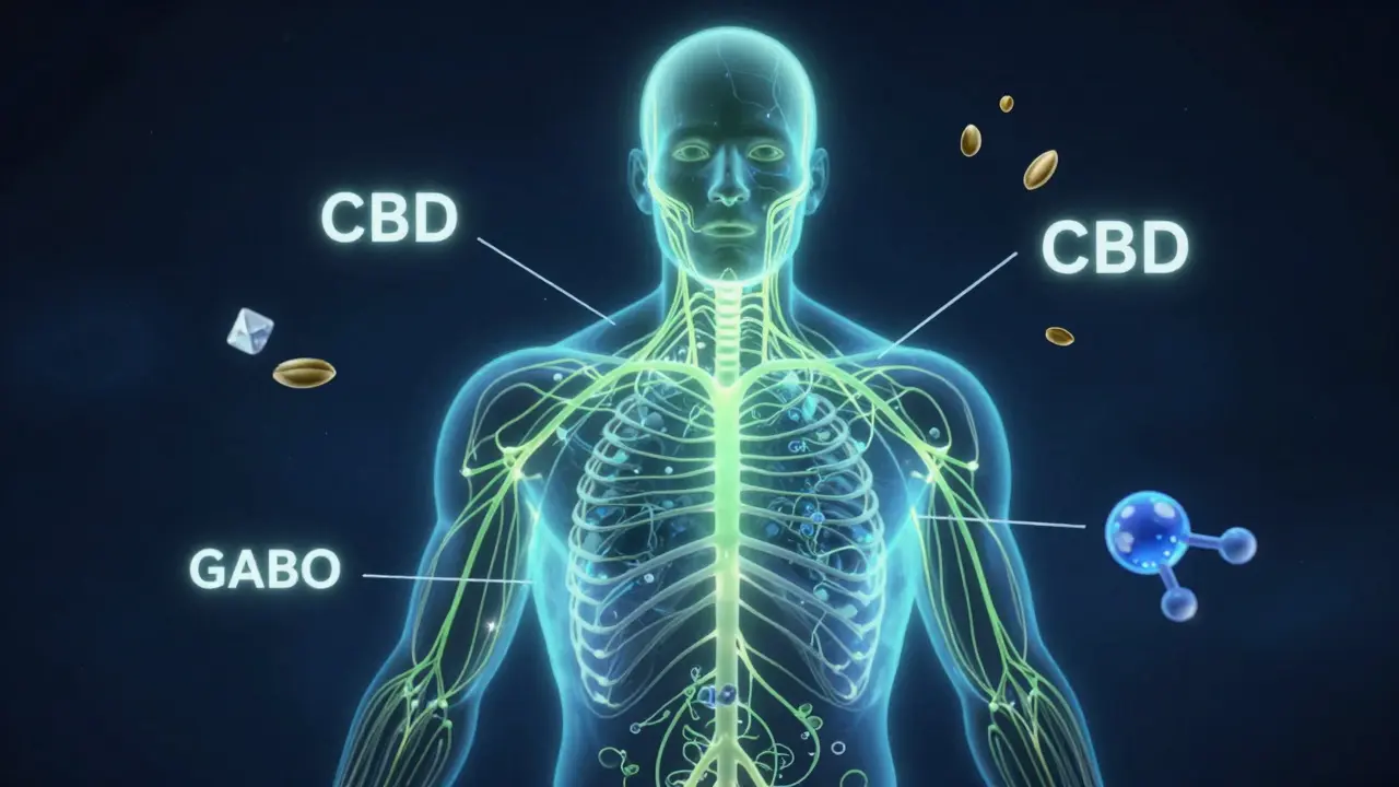 Glowendes Nervensystem mit Hanfsamen, Magnesium und Tryptophan-Molekülen in dunklem Raum