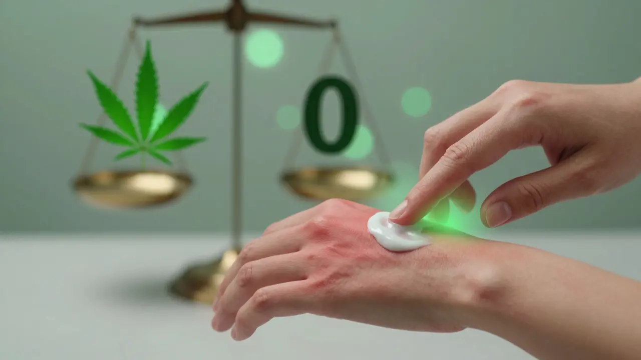 Hand, die CBG-Creme auf gereizte Haut aufträgt, mit sanftem grünem Licht als Symbol für Beruhigung.