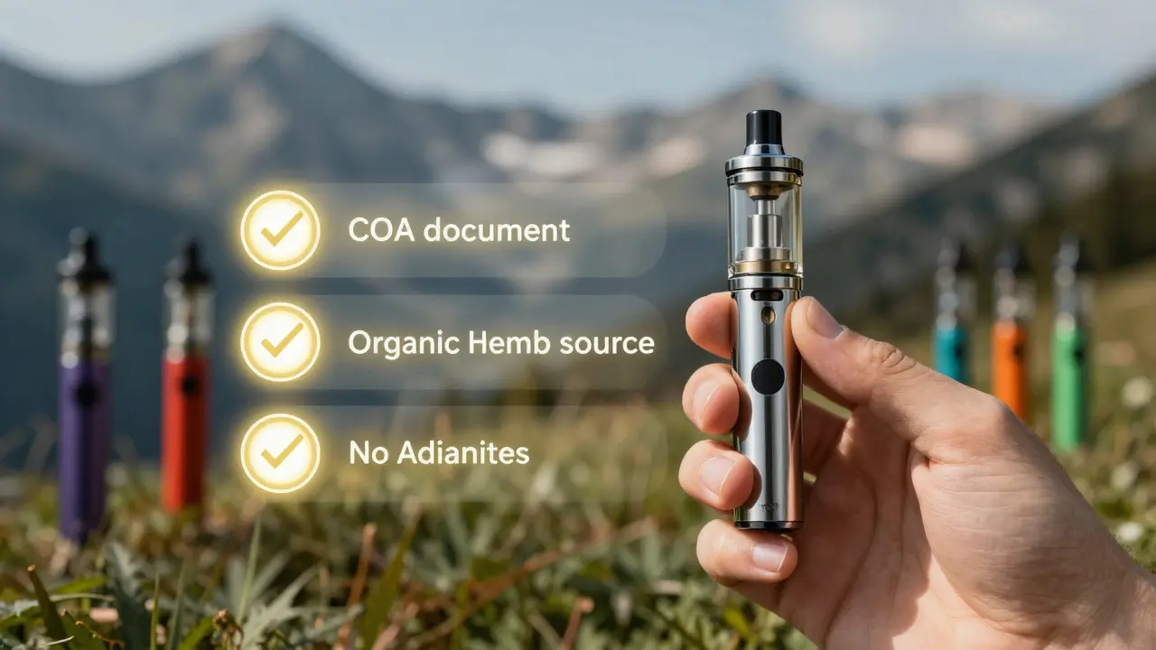 Hand mit einfachem Vape-Gerät vor alpinem Hintergrund, mit goldenen Kriterien für sicheres CBD-Vaping.