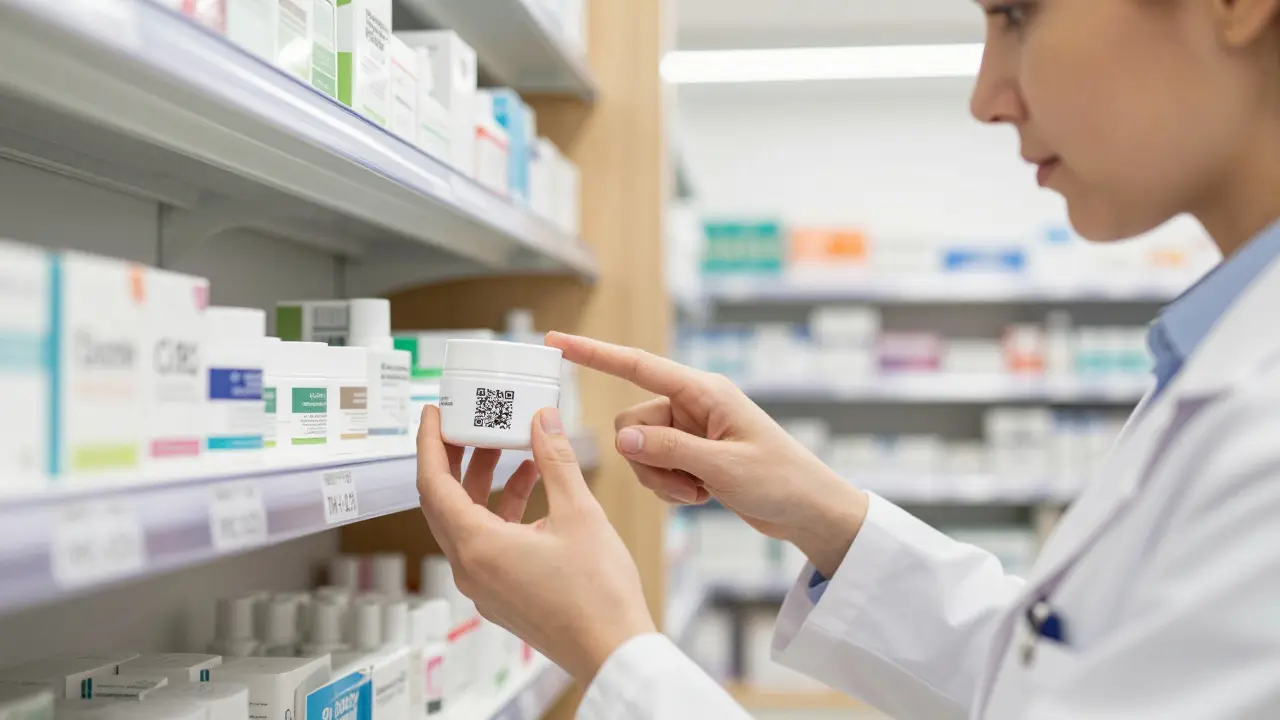 Kunde in Apotheke prüft CBG-Creme mit QR-Code und deutlich sichtbarem THC-Hinweis auf der Verpackung.