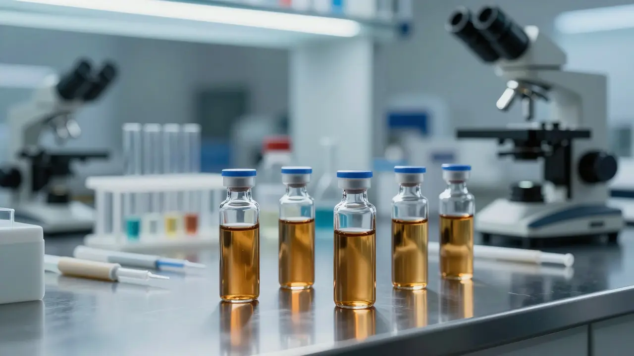 Laborgefäße mit Ölproben für chemische Analyse