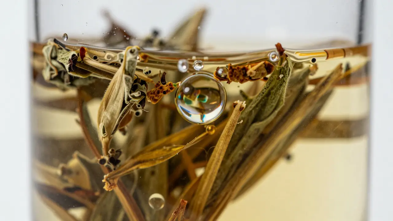 Makrofotografie von Kräutern und Terpenölen in klarer Flüssigkeit