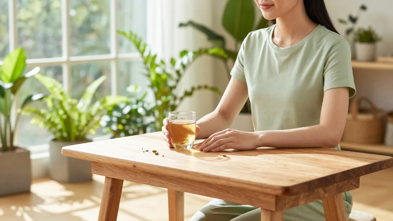 Person genießt im Sonnenlicht eine kleine Portion Tee bewusst