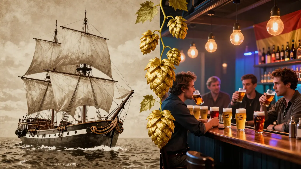 Split-Bild: alte Segelschiff mit IPA-Fässern links, moderne Craft-Bier-Bar rechts, verbunden durch eine wachsende Hopfenranke.