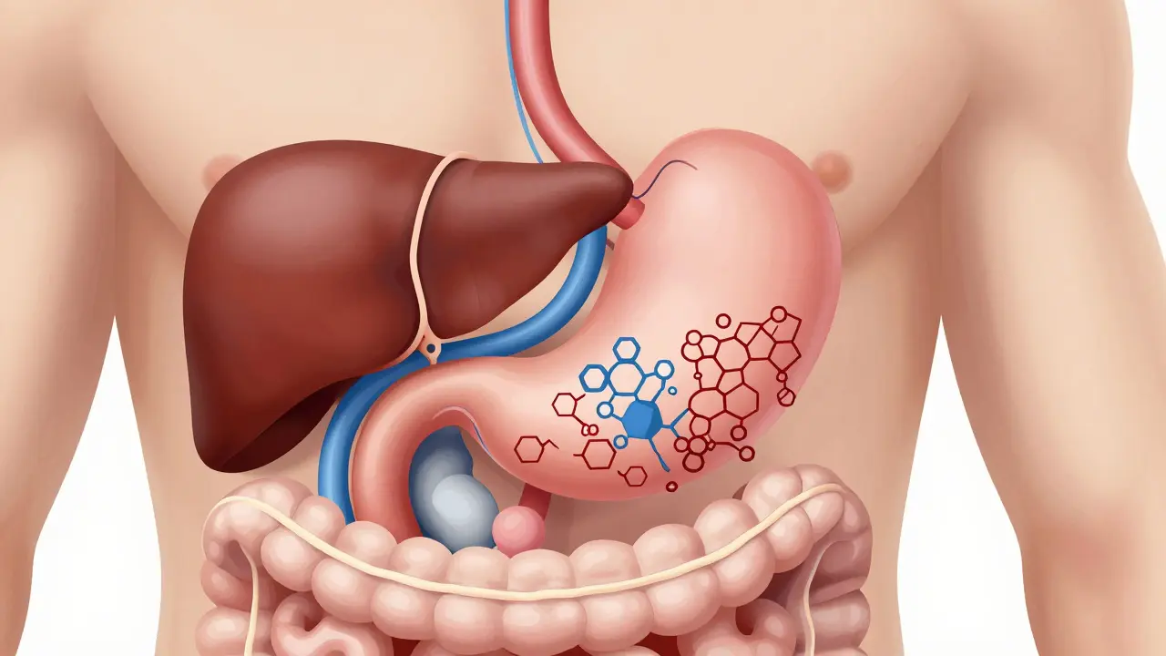 Vereinfachte Darstellung des Verdauungstrakts und Leber-Metabolismus