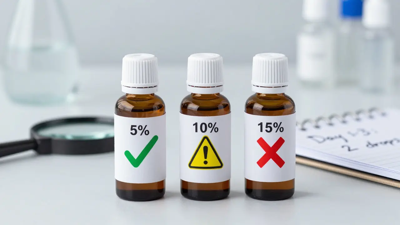 Vergleich von drei CBD-Öl-Flaschen mit Konzentrationen: 5%, 10% und 15% – 5% als empfohlen.