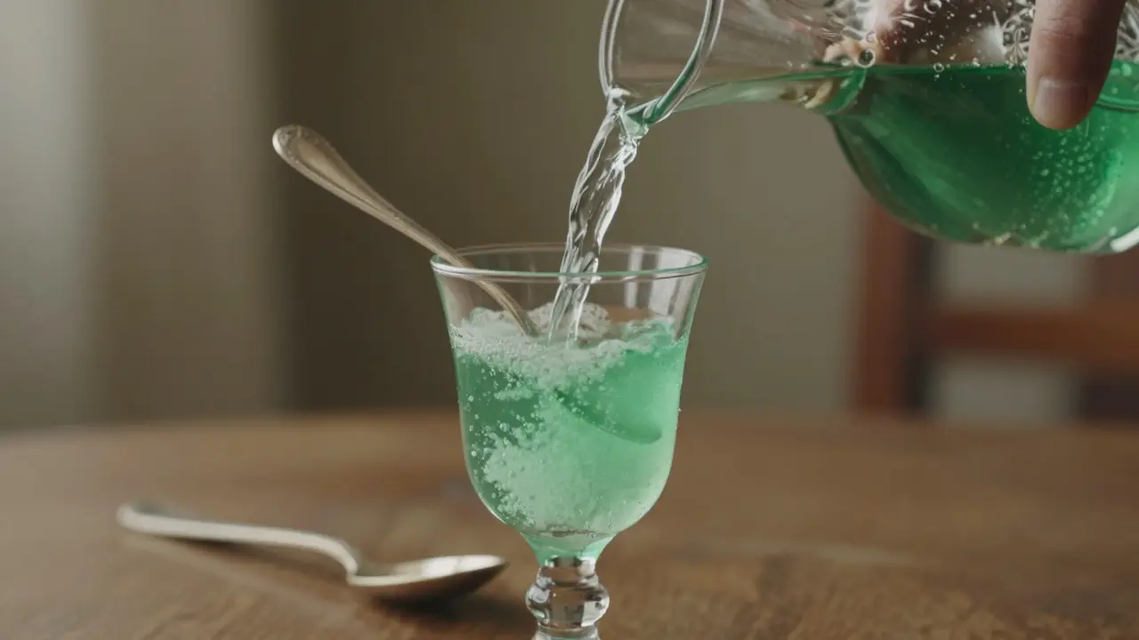 Wasser wird in ein Absinthglas gegossen, das Getränk wird trüb.