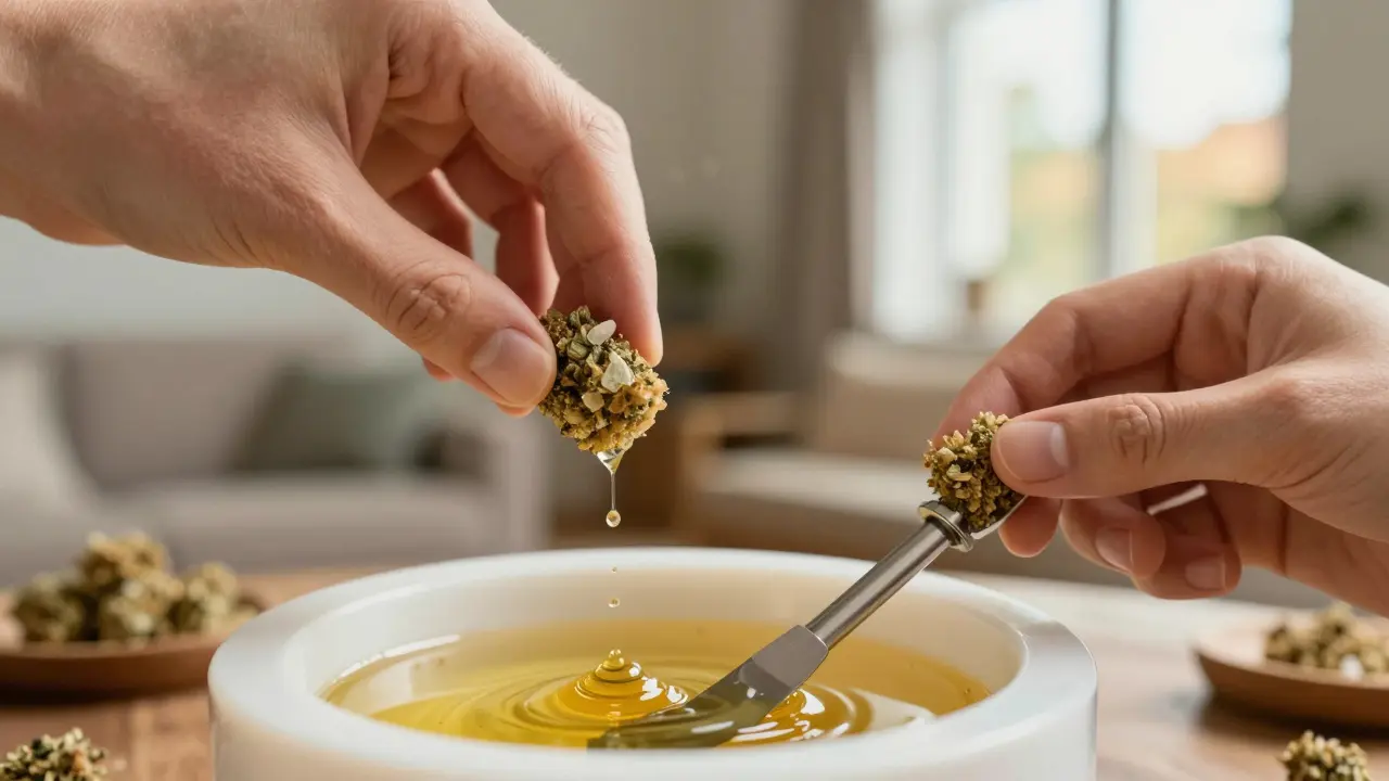 Zwei Hände: eine dosiert Crumble in Öl, die andere verwendet Shatter auf einer Dab-Rig.