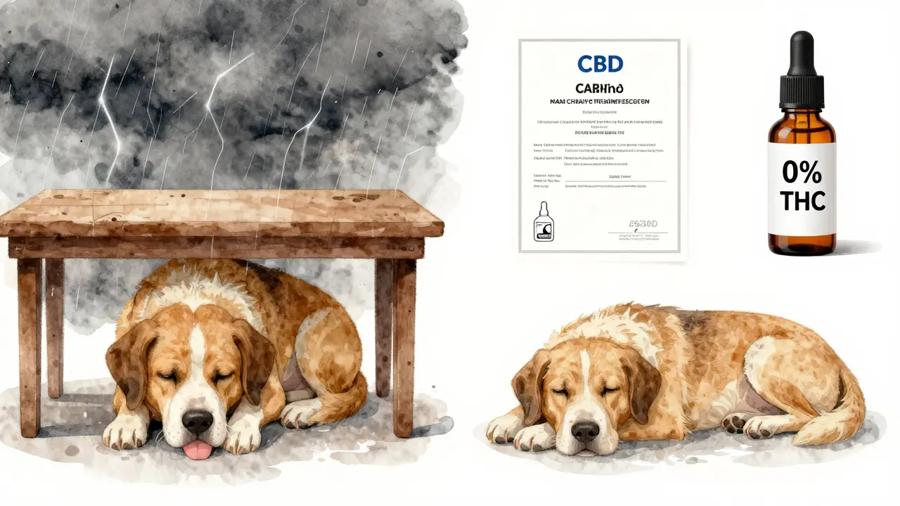 Zwei Hunde im Vergleich: einer ängstlich, der andere friedlich – mit Hinweisen auf CBD-Qualität.