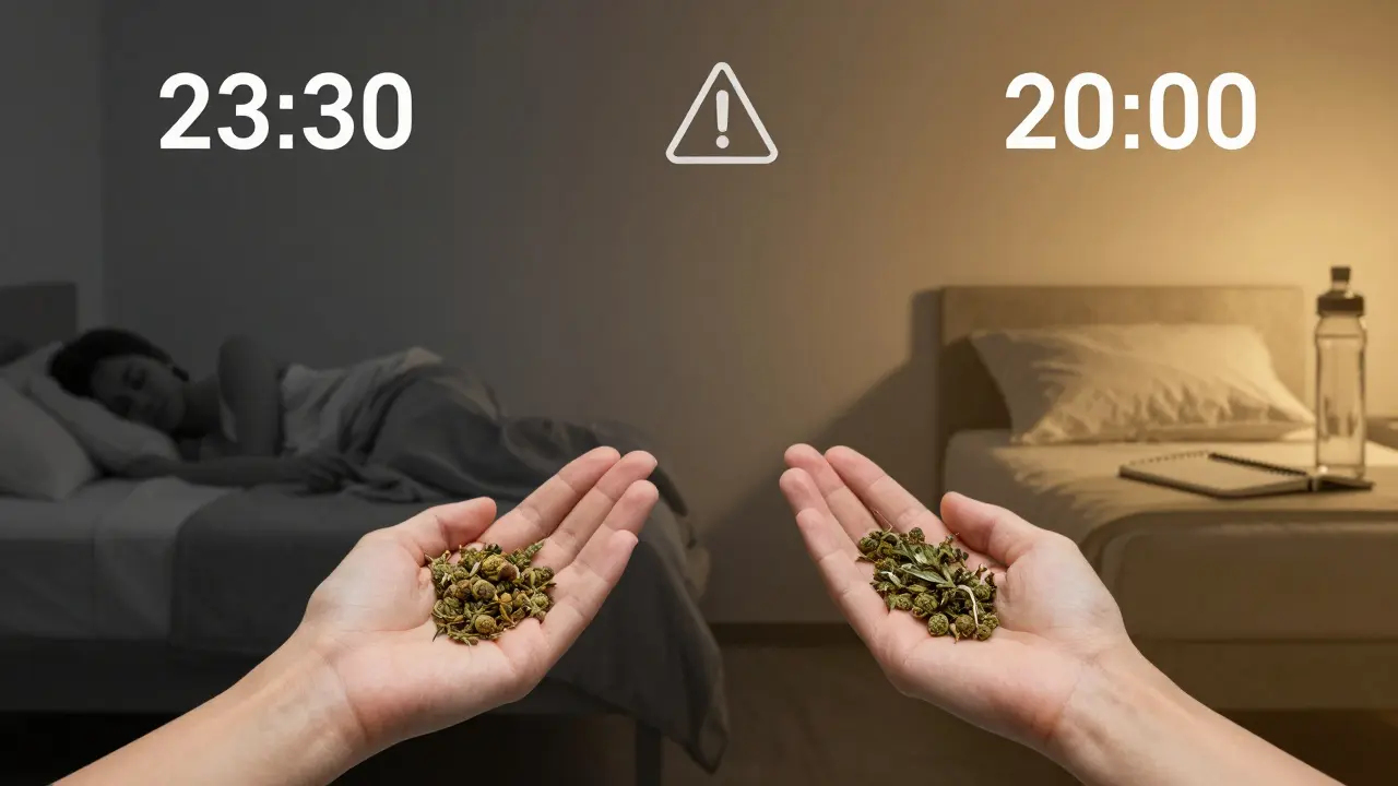 Zwei Wege zeigen die Auswirkungen von CBD: einer bei spätem Konsum mit Müdigkeit, der andere bei frühzeitiger Einnahme mit Klarheit.