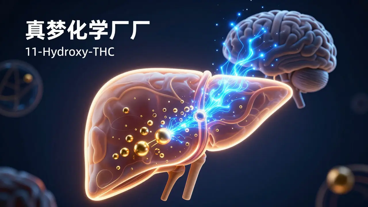 3D-Illustration der Leber, die THC in 11-Hydroxy-THC umwandelt.