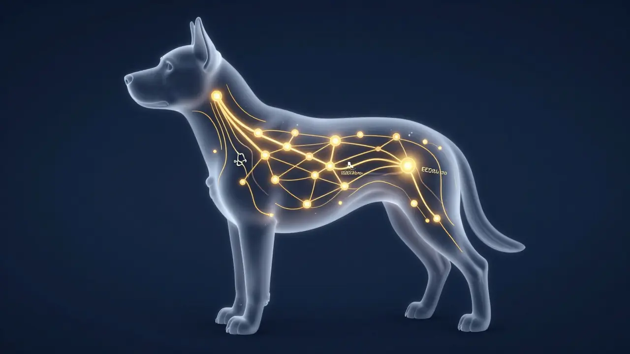 3D-Visualisierung des Endocannabinoid-Systems in der Silhouette eines Hundes.