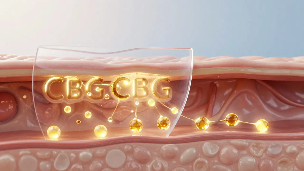 3D-Visualisierung von CBG-Molekülen, die durch die Hautschichten zu den Rezeptoren dringen.