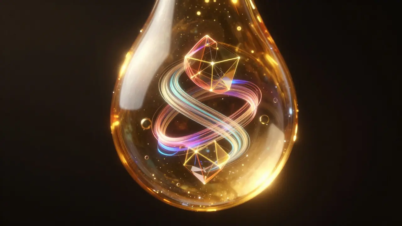 Abstrakte Darstellung des Entourage-Effekts mit leuchtenden Molekülen in einem Harztropfen.