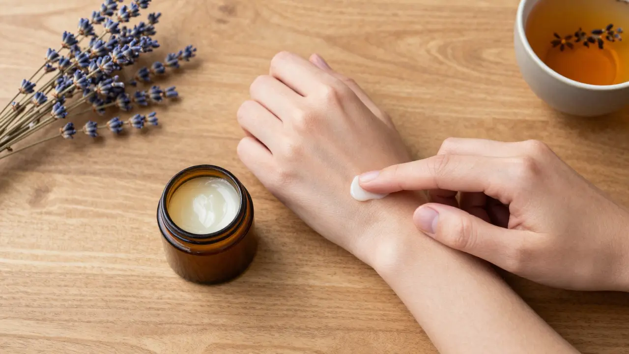 CBD Balsam wird auf die Handgelenke aufgetragen, daneben ein Tiegel und Tee.