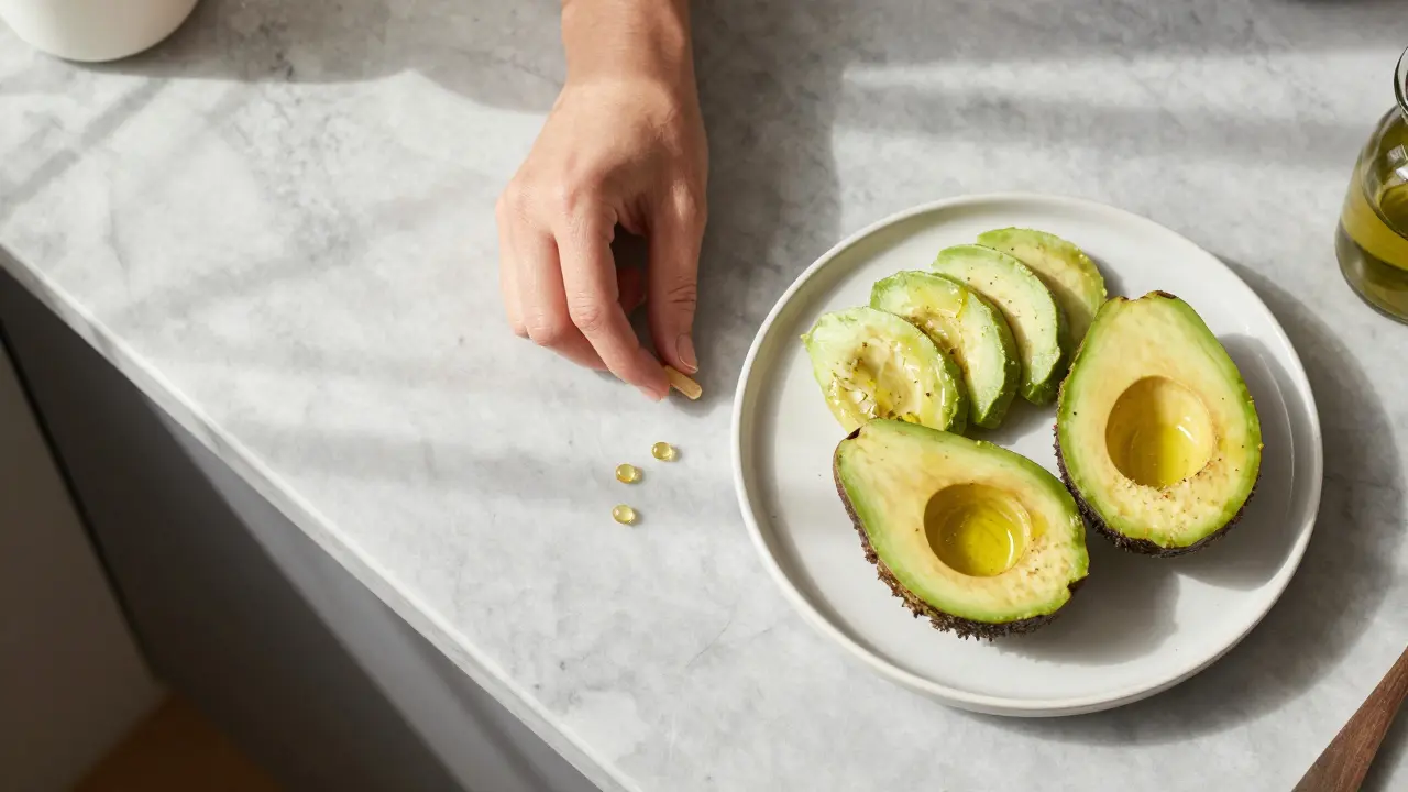 CBD-Kapsel neben einem gesunden Frühstück mit Avocado