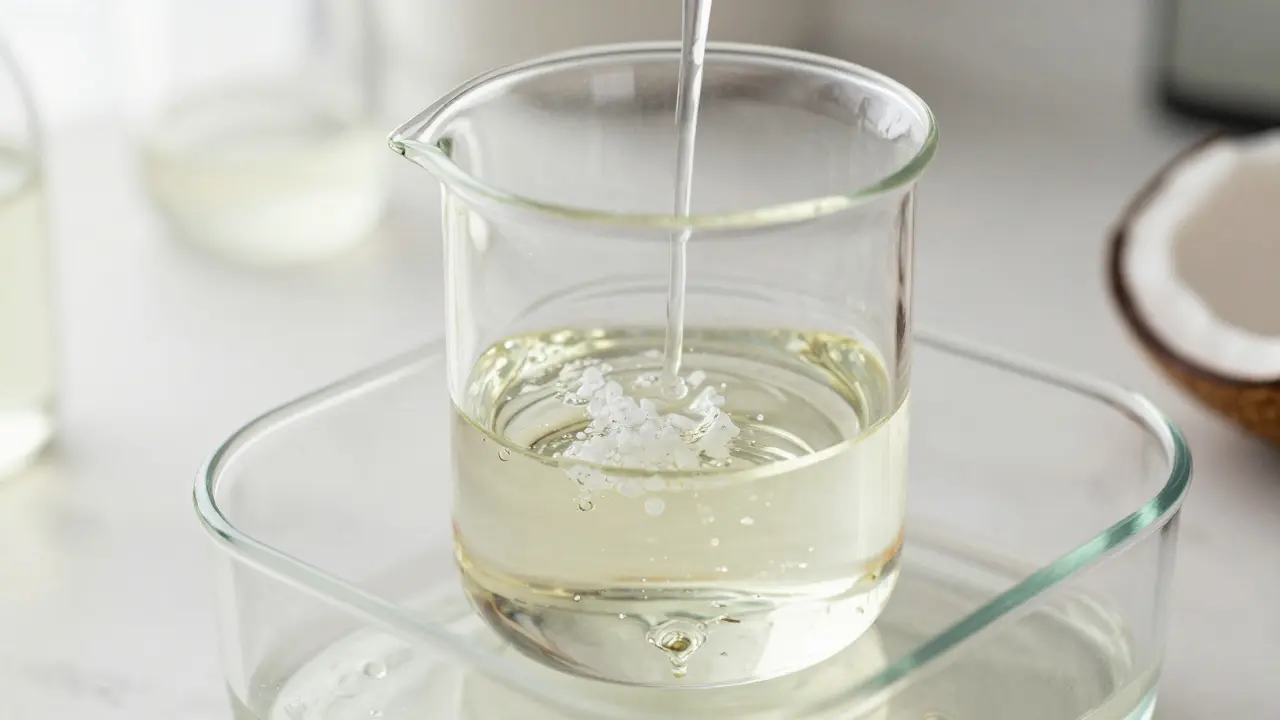 CBD-Kristalle, die in klarem MCT-Öl in einem Wasserbad schmelzen.