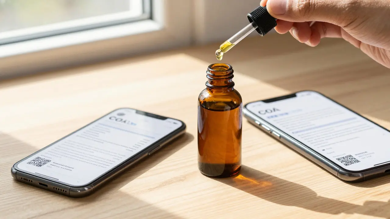 CBD-Öl Flasche neben einem Smartphone mit Laborzertifikat und einer Pipette