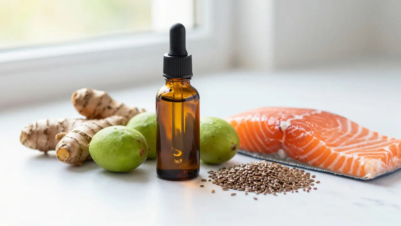 CBD-Öl Flasche zusammen mit Kurkuma, Walnüssen und Lachs auf Marmor.