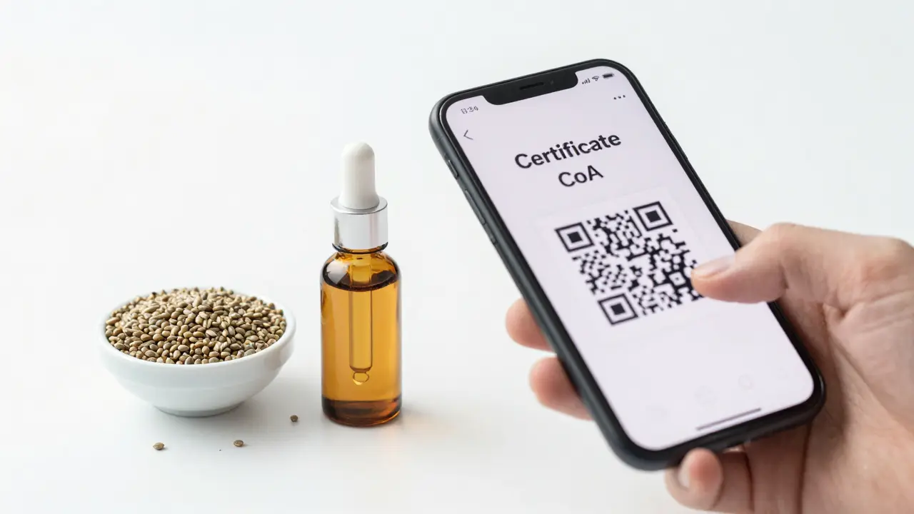 CBD-Öl und Hanfsamen neben einem Smartphone mit QR-Code für das Qualitätszertifikat