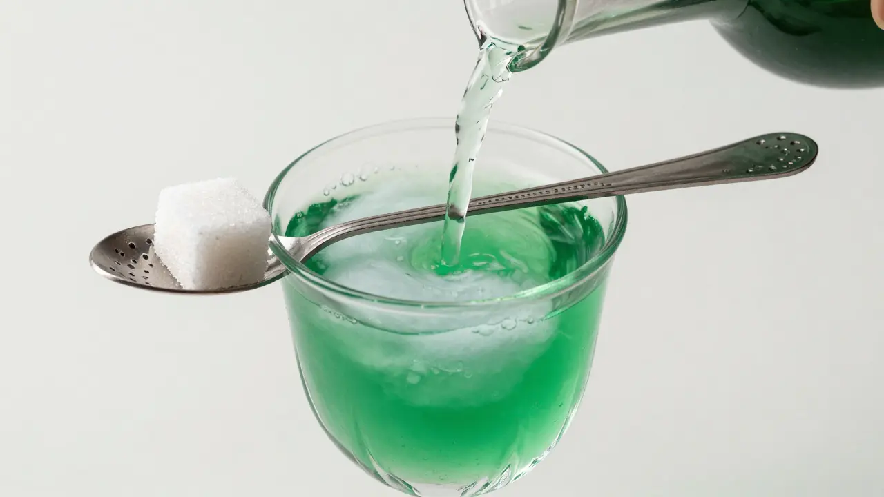 Das Absinth-Ritual mit Zuckerwürfel, silbernem Löffel und dem milchigen Louche-Effekt.