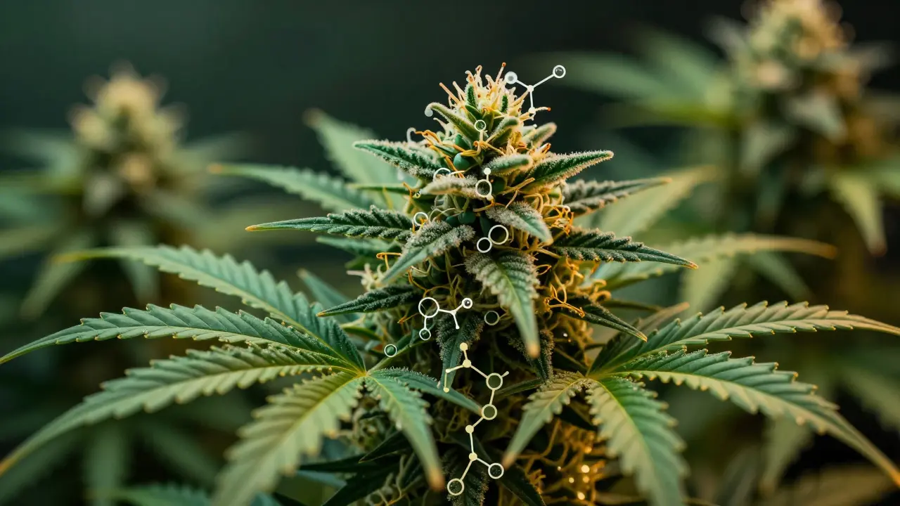 Detailaufnahme von Cannabis-Blüten, die die hochwertige Genetik und Terpene symbolisiert.