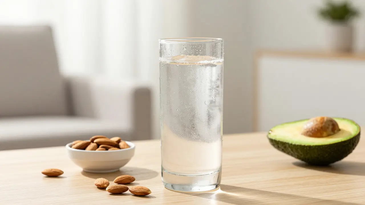 Ein CBD-Getränk auf einem Tisch neben Mandeln und Avocado im Sonnenlicht.