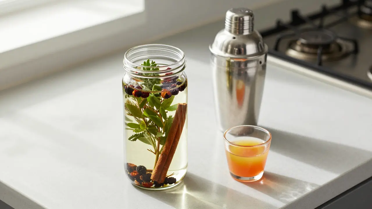 Ein Glasgefäß mit Kräutern in hochprozentigem Alkohol zur Herstellung einer Tinktur.