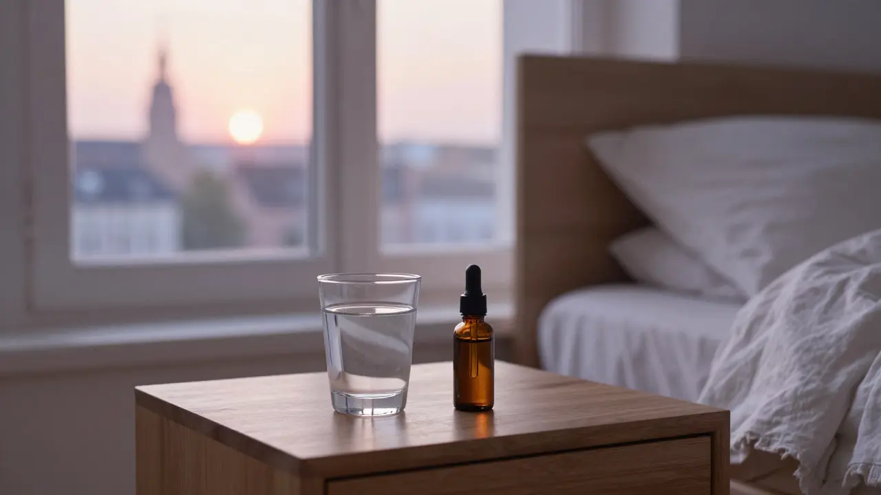 Eine Flasche CBD-Öl auf einem Nachttisch bei Sonnenaufgang.