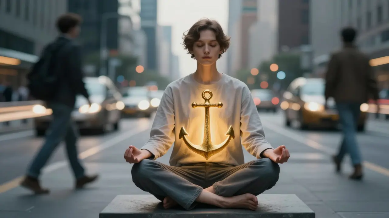Eine meditative Person als ruhiger Anker inmitten einer verschwommenen, hektischen Stadt.