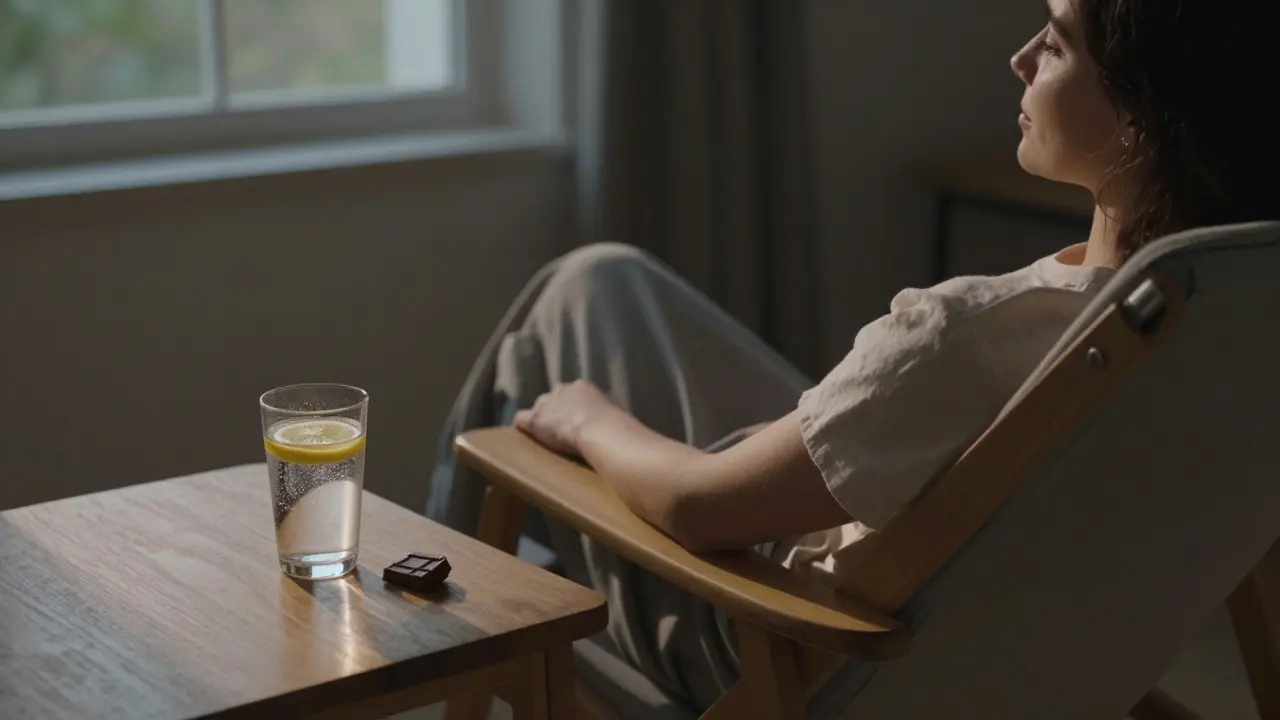 Entspannte Person in einem Sessel mit einem Glas Wasser und Schokolade auf dem Tisch.