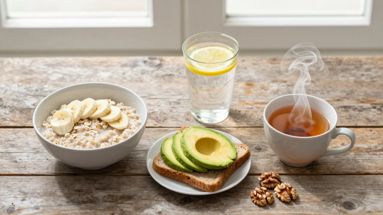 Gesunde Lebensmittel wie Vollkornbrot, Banane, Nüsse und Wasser auf einem Holztisch.