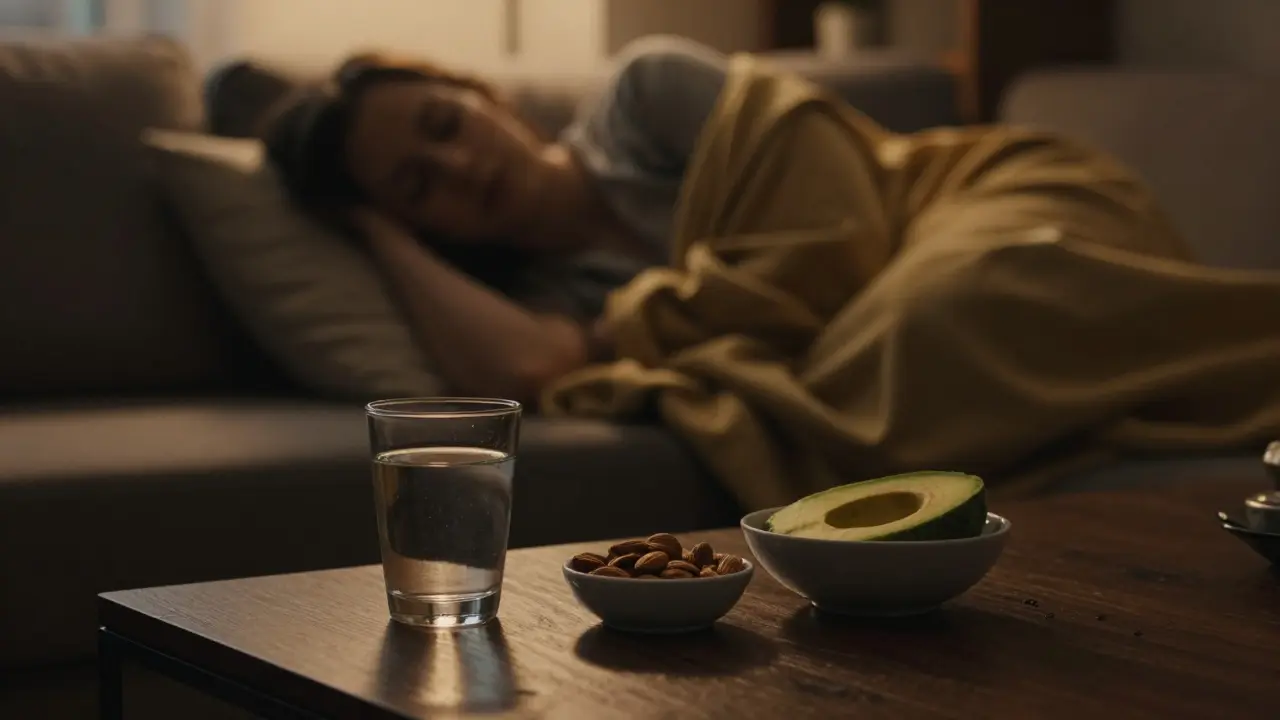 Gesunde Snacks und Wasser neben einer schlafenden Person im Wohnzimmer.