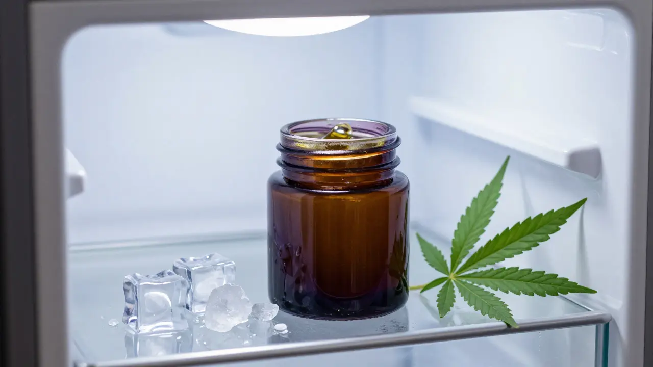 Goldenes Live Resin Konzentrat in einem dunklen Glasglas in einem Kühlschrank.