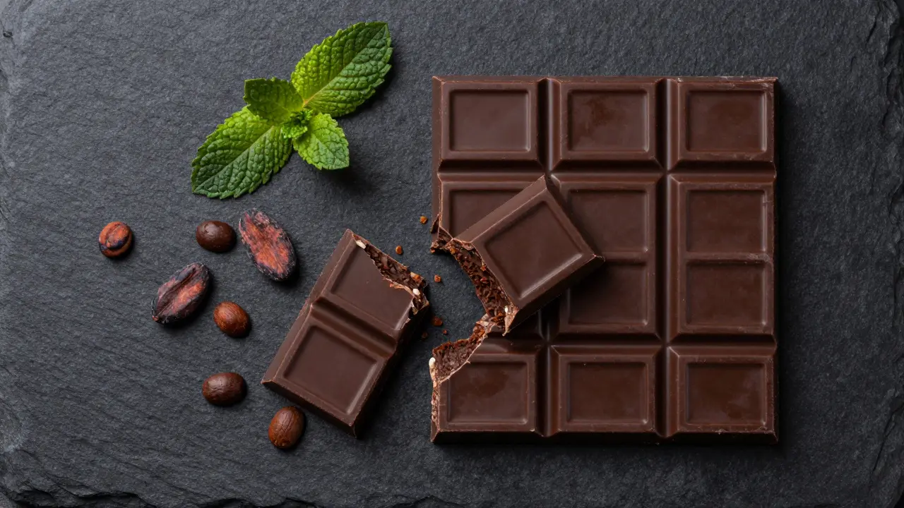 Gourmet-Cannabis-Schokolade auf einer schwarzen Schieferplatte in eleganter Präsentation.