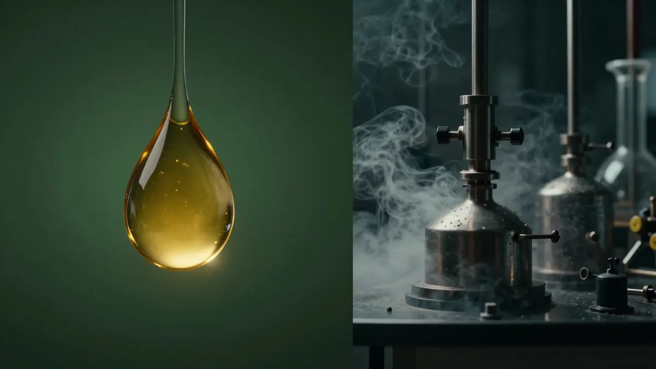 Kontrast zwischen reinem Öl und einer industriellen Laborumgebung mit Chemikalien.