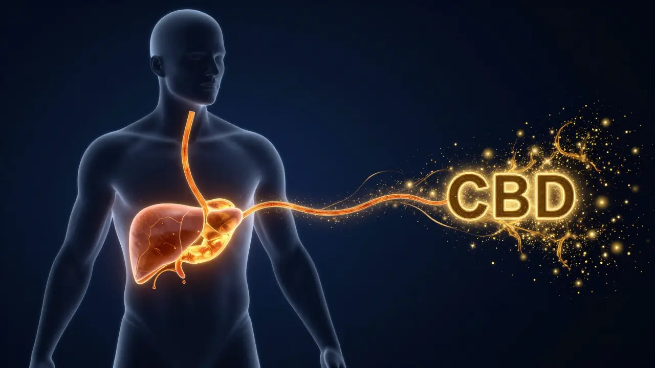 Konzeptuelle Darstellung des CBD-Stoffwechsels in Körper und Leber.