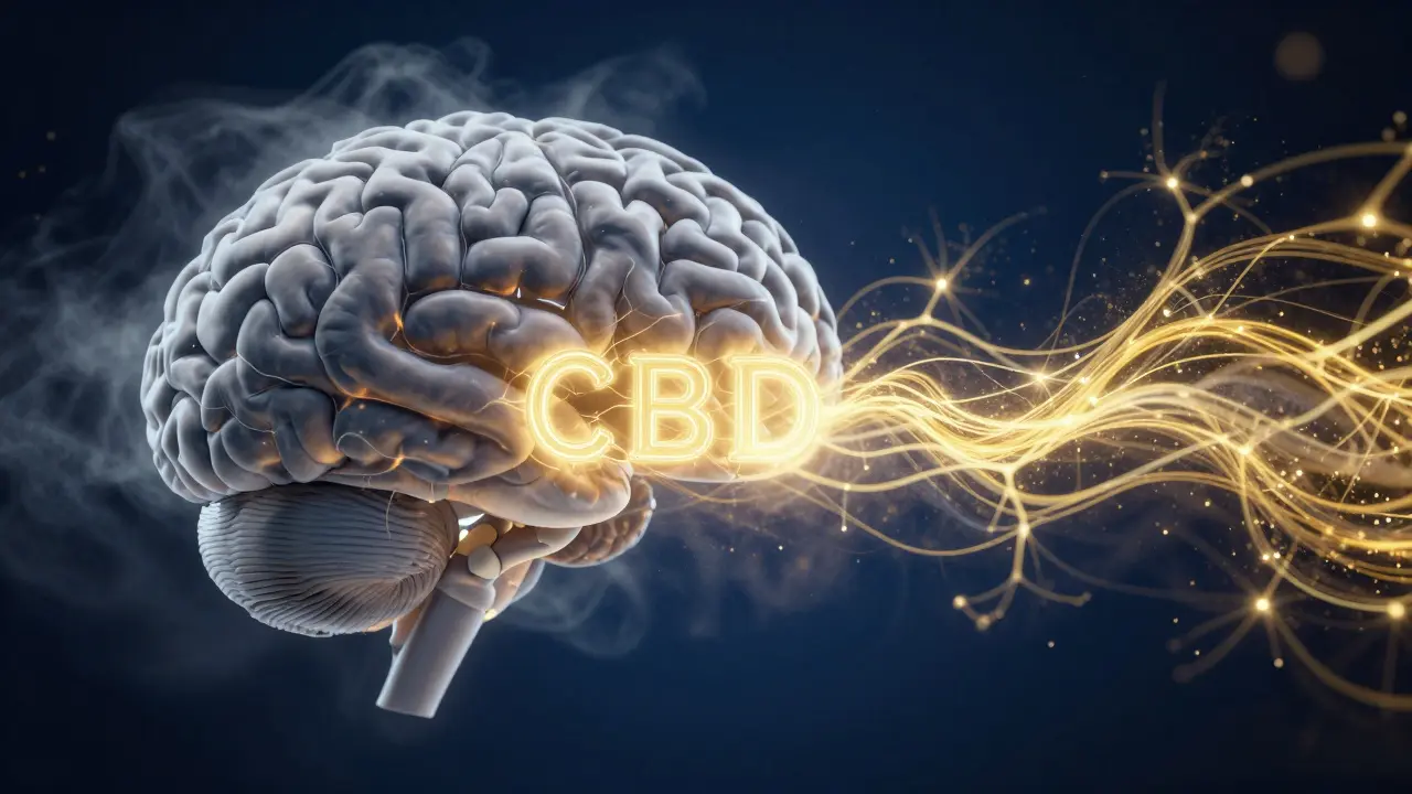 Konzeptuelle Darstellung von CBD als goldene Welle, die Gehirnebel vertreibt