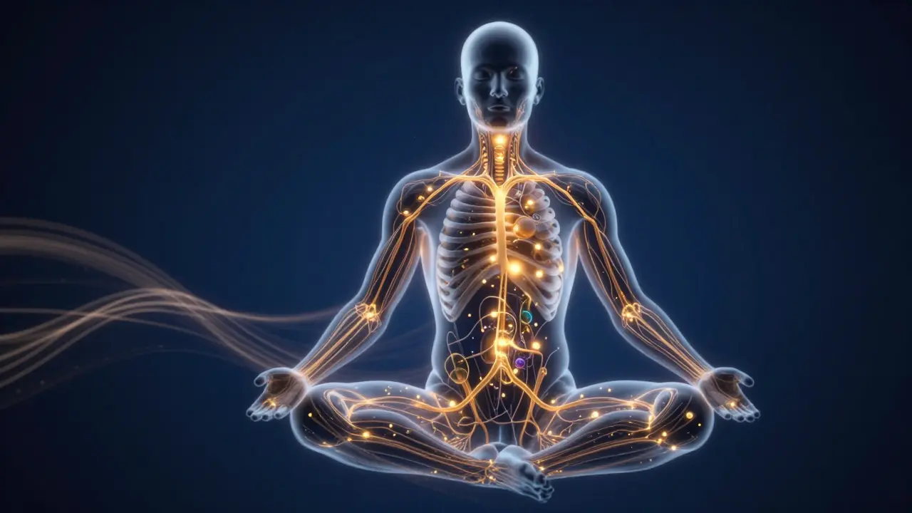 Konzeptuelle Darstellung von CBD-Molekülen im menschlichen Körper.