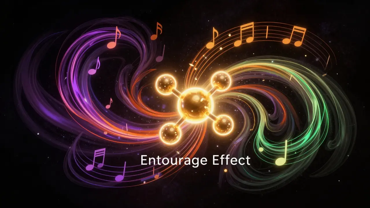 Künstlerische Darstellung des Entourage-Effekts mit einem THC-Molekül und farbigen Terpen-Spiralen.