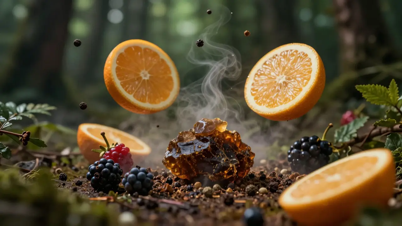 Künstlerische Darstellung von CBD-Hash mit Symbolen für Zitrus-, Beeren- und Erdgeruch.